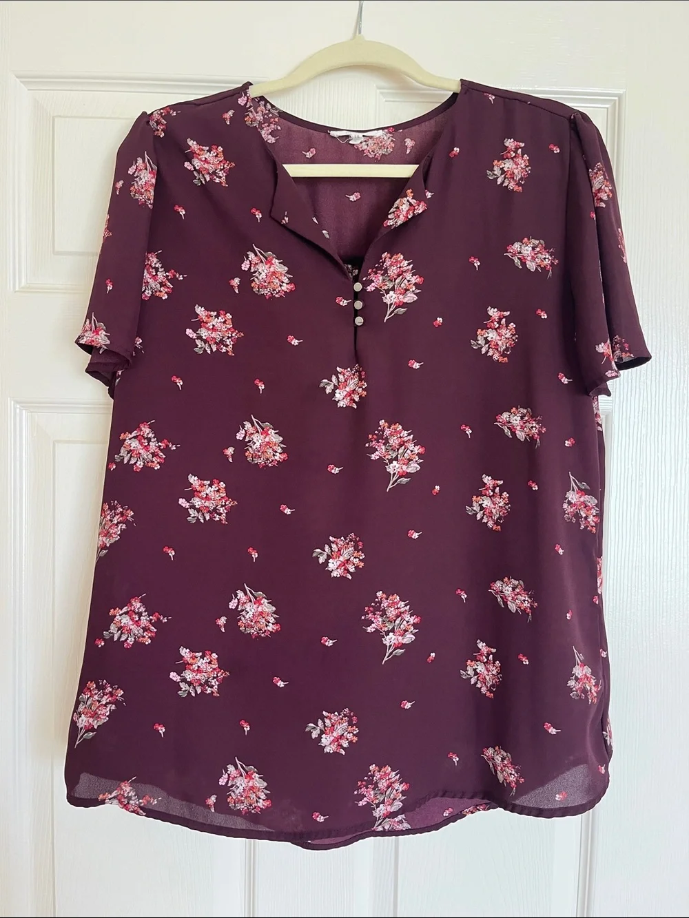 Maurices Burgundy Floral Short-Sleeve Split-Neck Blouse - Picture 1 of 4